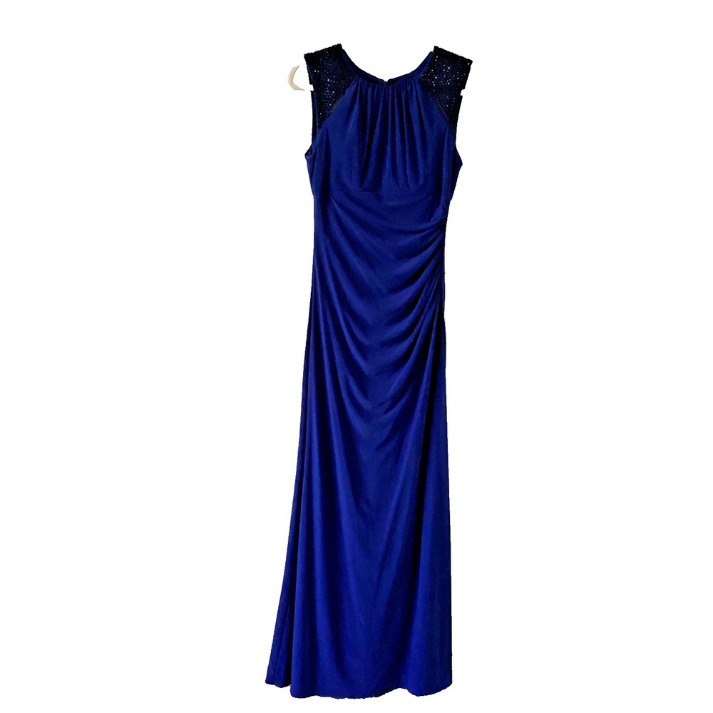 XSCAPE Royal Blue Beaded Evening Gown 6 | Elegant Ruched Stretch Formal
